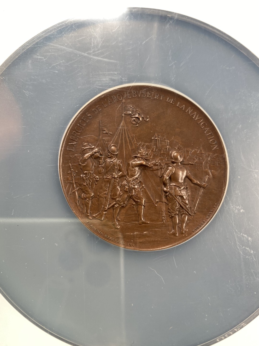 万国钱币拍卖第007期（慕尼黑第二夜） NGC-MS64BN 瑞士1895日内瓦就职典礼铜章，发行量500枚，NGC唯一冠军，直径47mm，巧克力包浆，一面为射击节场景，一面为城市景观。