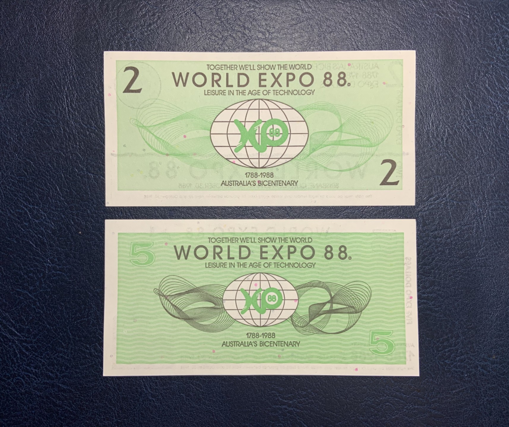收藏联盟Quantum Auction 第254期拍卖  澳大利亚1988年布里斯班世博会2元和5元代金券 品相UNC 雕刻版