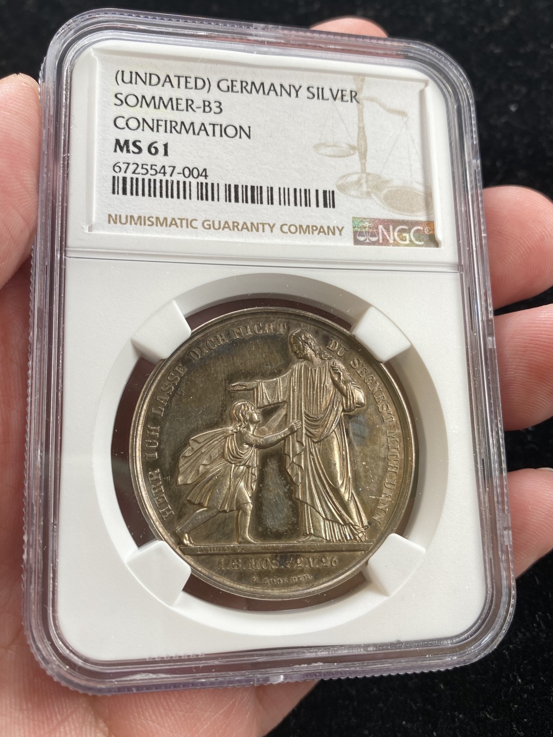 万国钱币拍卖第007期（慕尼黑第二夜） NGC MS61 1840年左右德国新教确认礼纪念大银章 高浮雕圣杯 圣经与十字