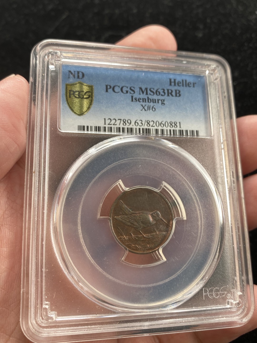 万国钱币拍卖第007期（慕尼黑第二夜） PCGS-MS63RB 德国1880年左右伊森堡小鸟赫勒铜代币，P记冠军，红铜光少见，非常可爱的一只小鸟。