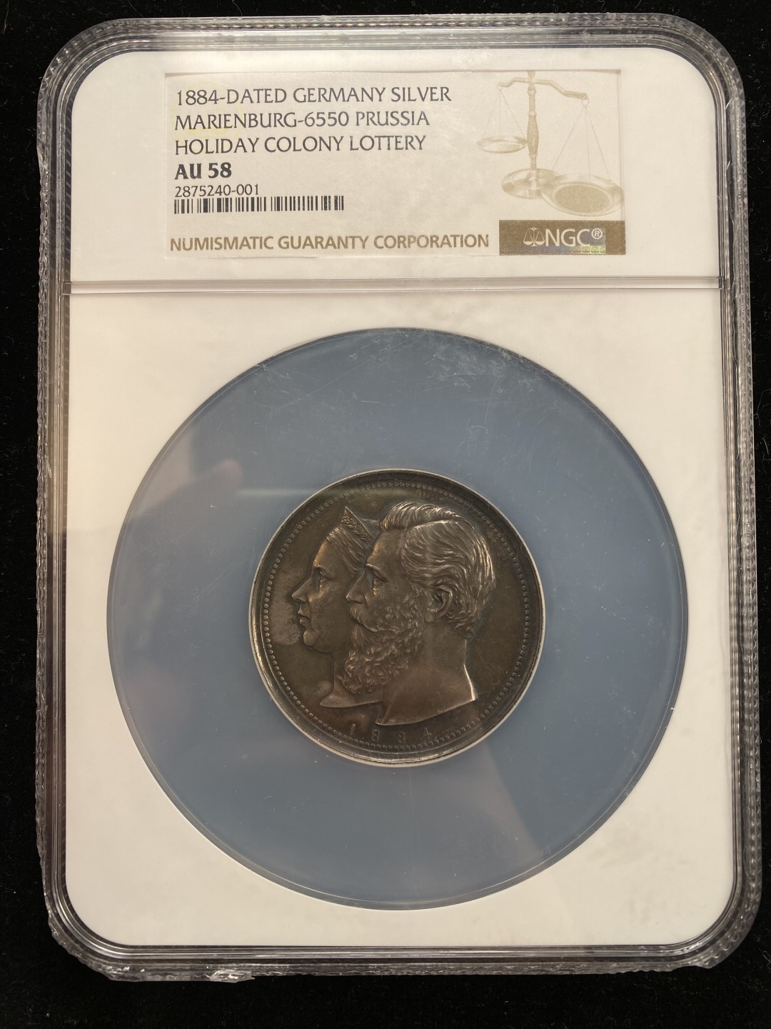 万国钱币拍卖第007期（慕尼黑第二夜） NGC AU58 1884年德意志帝国皇太子夫妇驾临殖民地度假区纪念大银章 低评 51MM 62G