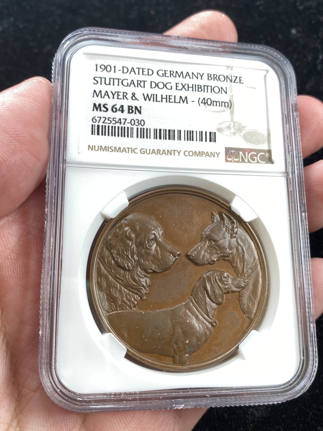 万国钱币拍卖第007期（慕尼黑第二夜） NGC MS 61 MS64 1901年德国符腾堡斯图加特名狗展纪念镀银、铜章一对，狗子的刻画细节到位，2枚来自同一德国收藏家