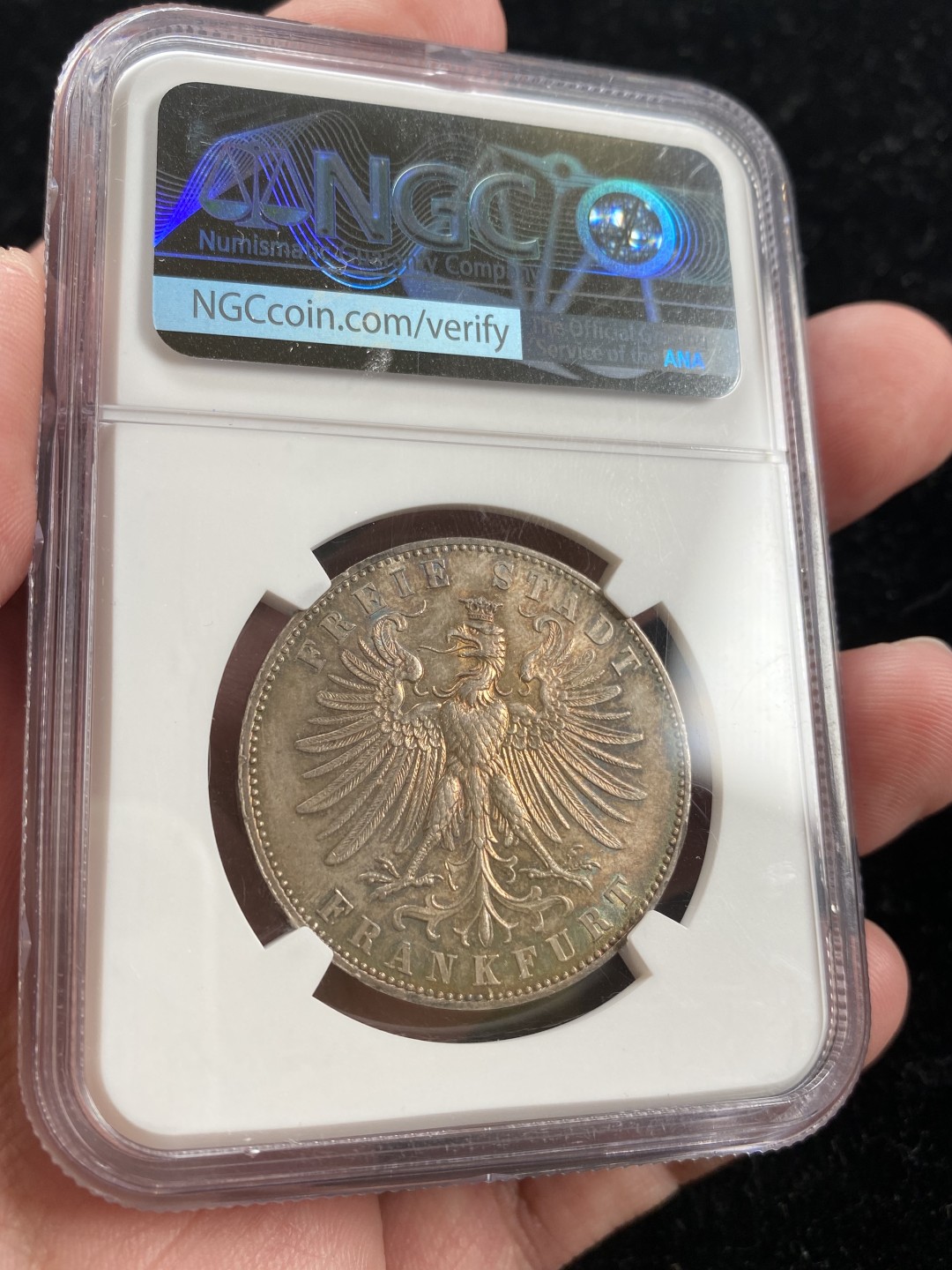 万国钱币拍卖第007期（慕尼黑第二夜） NGC-MS63 法兰克福1862射击节女神泰勒，双面五彩，可遇不可求的状态。