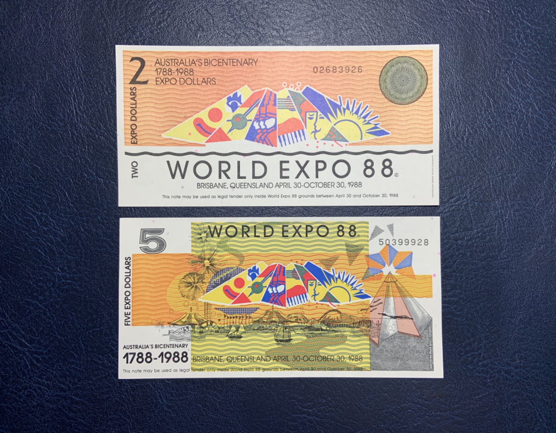 收藏联盟Quantum Auction 第254期拍卖  澳大利亚1988年布里斯班世博会2元和5元代金券 品相UNC 雕刻版