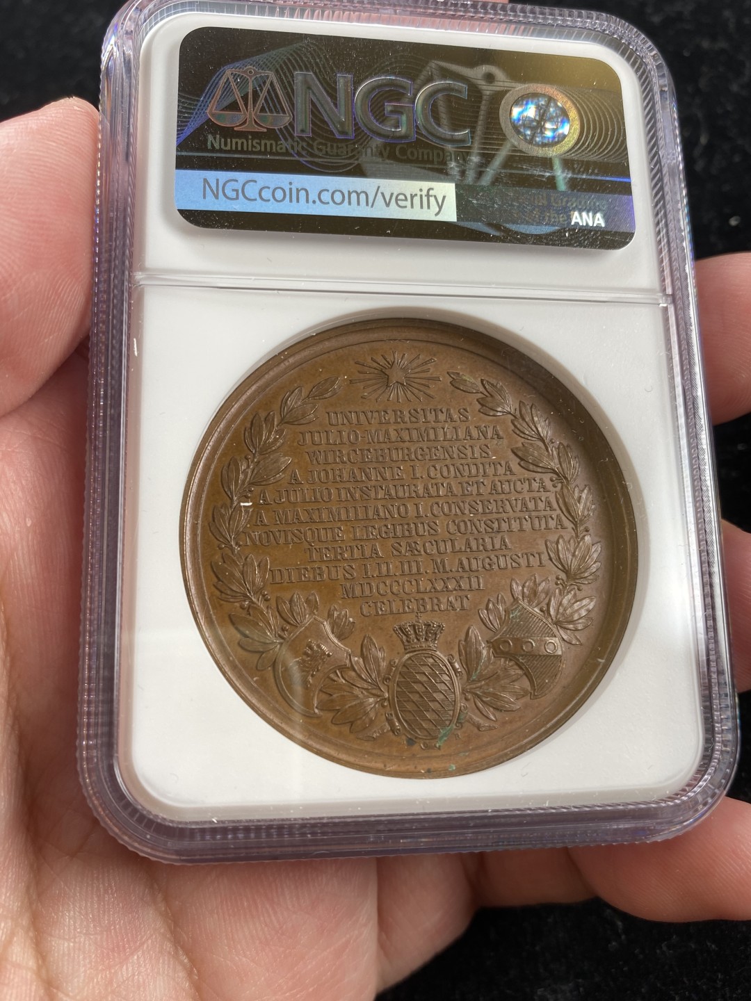 万国钱币拍卖第007期（慕尼黑第二夜） NGC MS64BN 1882年德国维尔茨堡大学成立300周年纪念大铜章，正面为巴伐利亚国王路德维希二世 44MM 35G