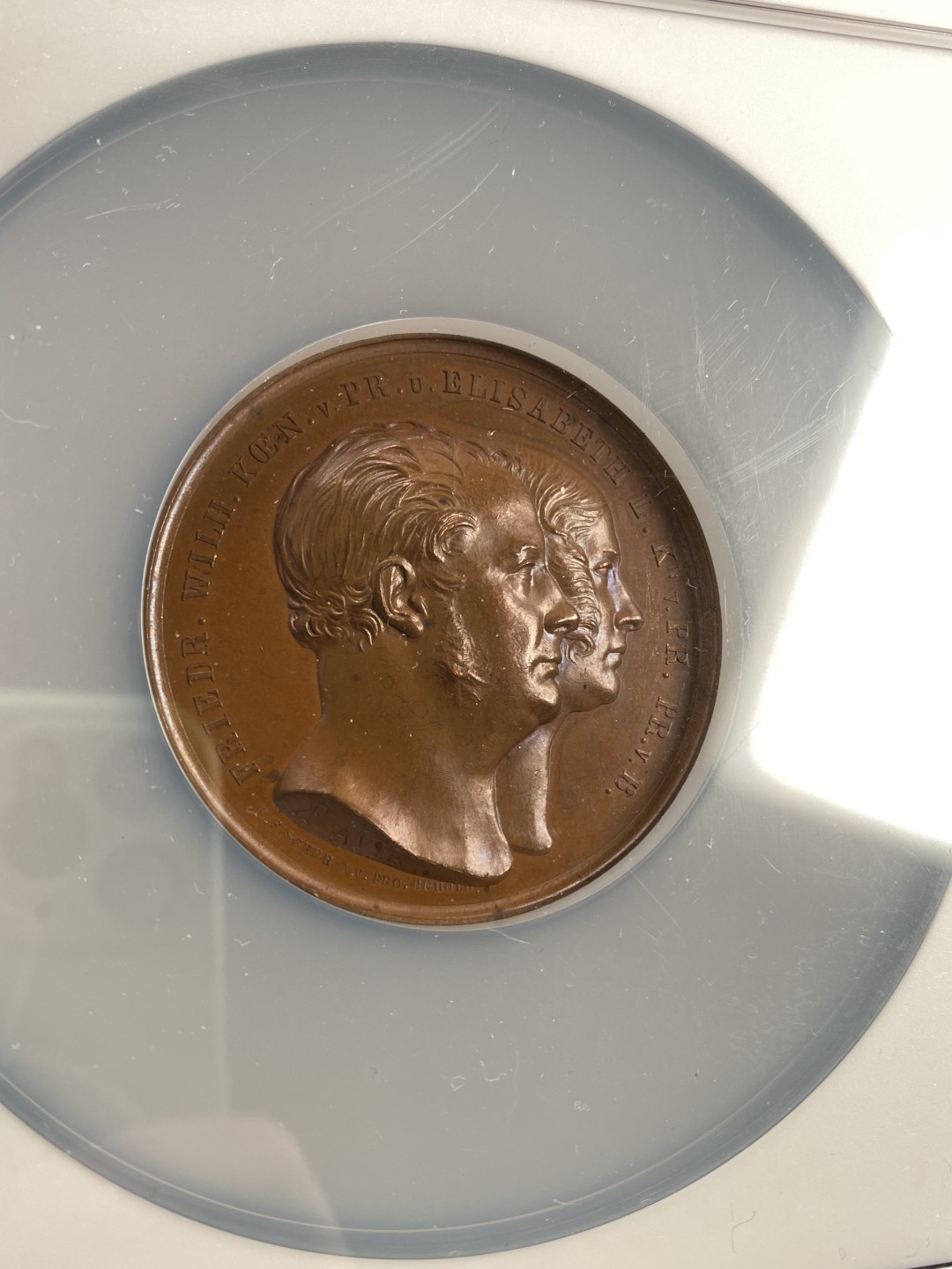 万国钱币拍卖第007期（慕尼黑第二夜） NGC MS63BN 1848年德国普鲁士威廉四世银婚纪念高浮雕大铜章，稀少，51MM 80G 唯一冠军分