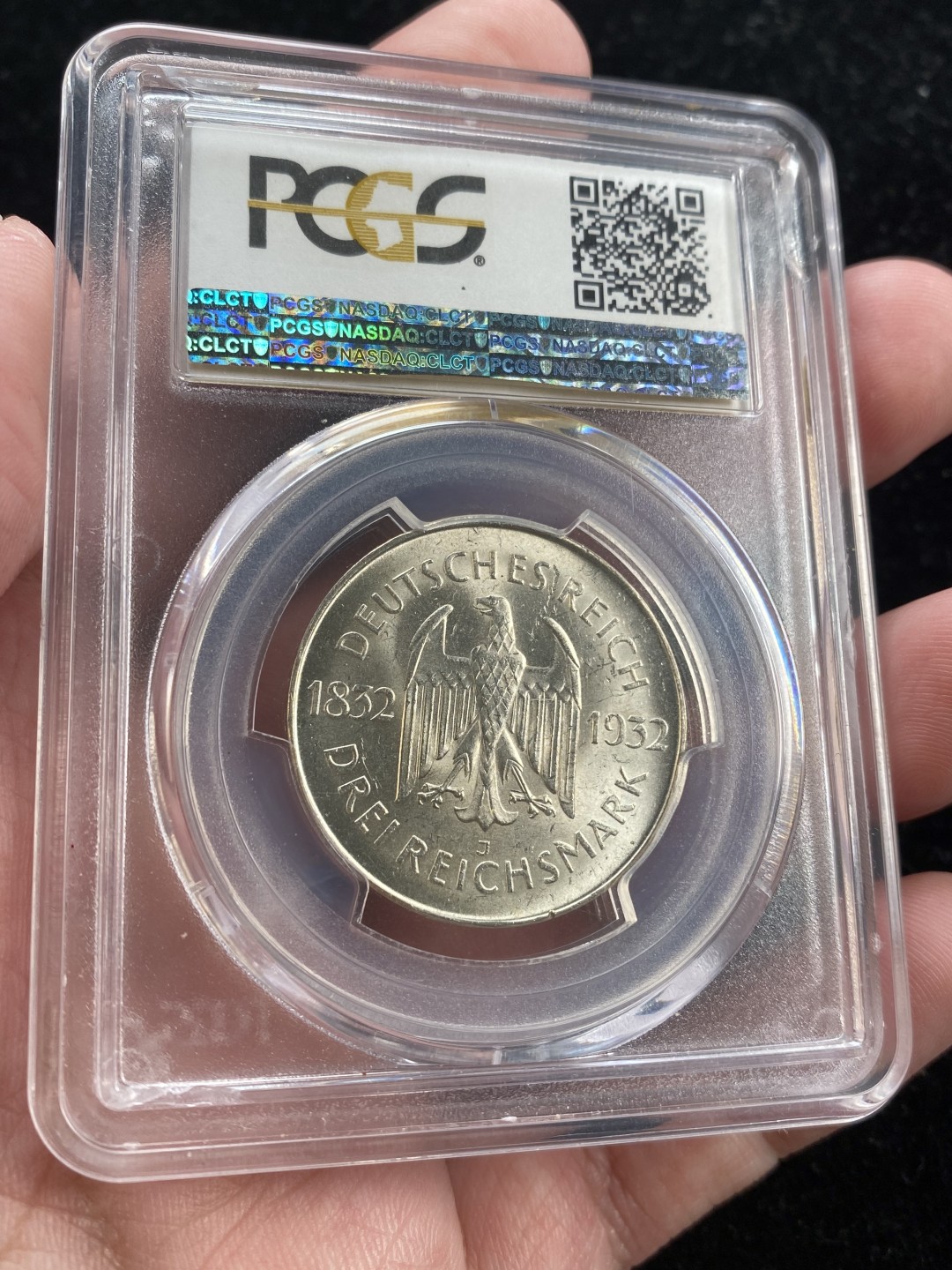 万国钱币拍卖第007期（慕尼黑第二夜） PCGS-MS63 德国1932年J版魏玛歌德3马克银币，P记亚军分，发行量33000枚，底光好，状态舒服。