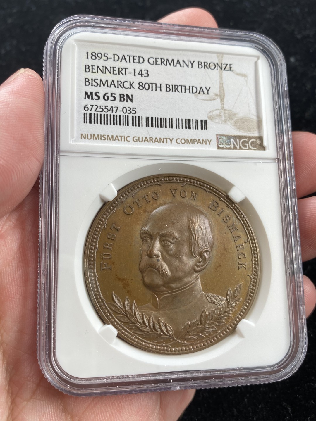 万国钱币拍卖第007期（慕尼黑第二夜） NGC MS65BN 1895年德国俾斯麦首相80大寿纪念大铜章 极稀少版本 41MM 30G 唯一冠军