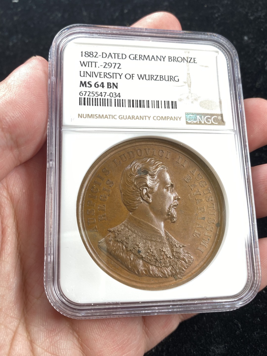 万国钱币拍卖第007期（慕尼黑第二夜） NGC MS64BN 1882年德国维尔茨堡大学成立300周年纪念大铜章，正面为巴伐利亚国王路德维希二世 44MM 35G