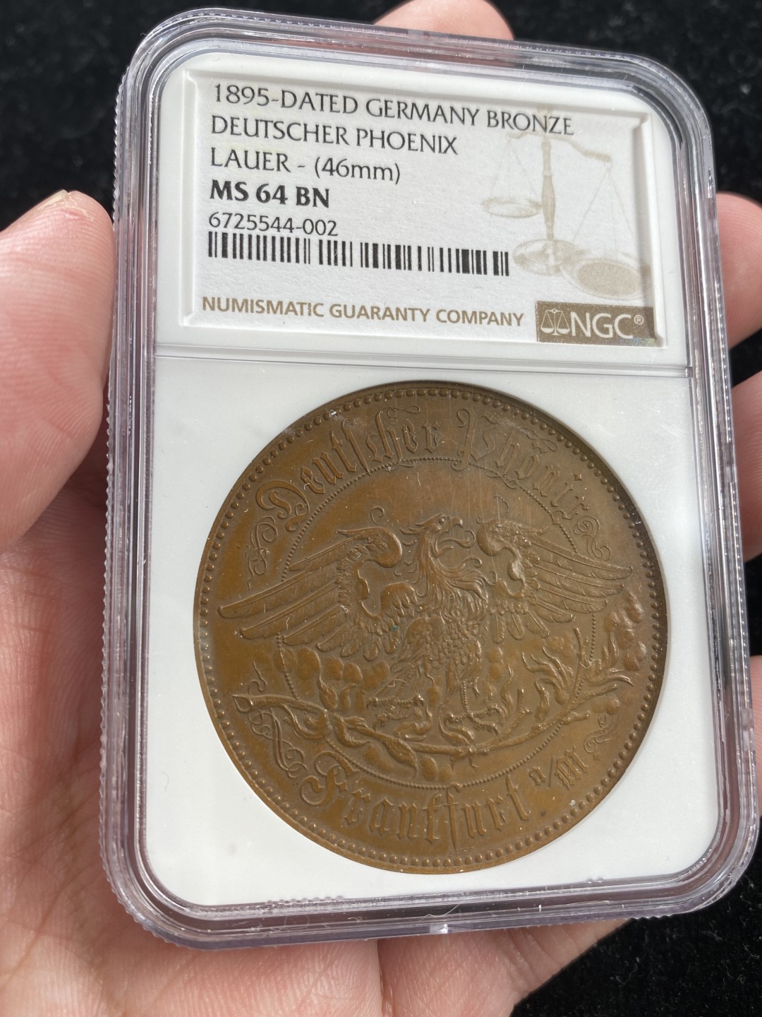 万国钱币拍卖第007期（慕尼黑第二夜） NGC MS64BN 1895年德国法兰克福凤凰涅槃纪念大铜章 背面法兰城的盾徽 45MM 36G