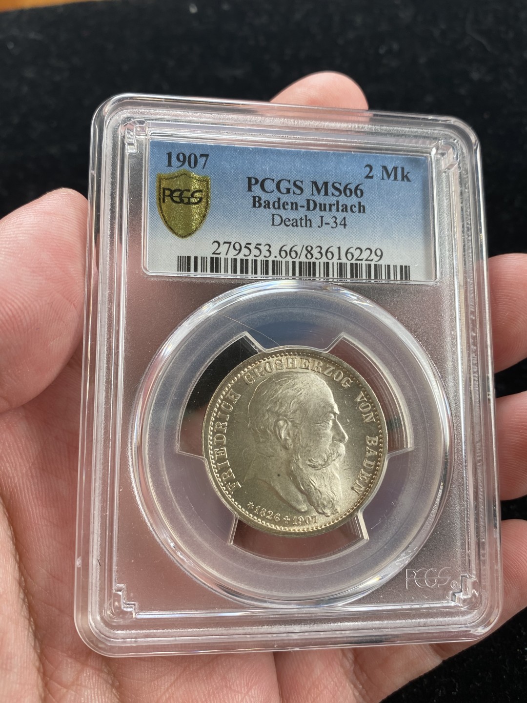 万国钱币拍卖第007期（慕尼黑第二夜） PCGS-MS66 德国1907年巴登大公逝世2马克，顶级品相，转光耀眼。