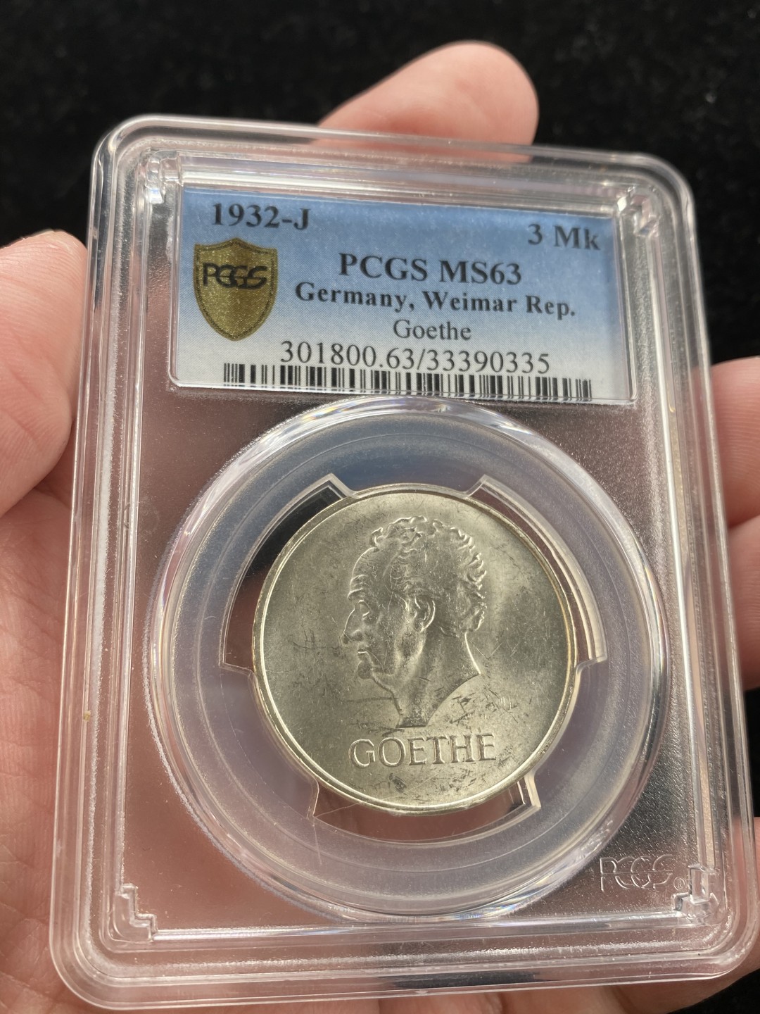 万国钱币拍卖第007期（慕尼黑第二夜） PCGS-MS63 德国1932年J版魏玛歌德3马克银币，P记亚军分，发行量33000枚，底光好，状态舒服。