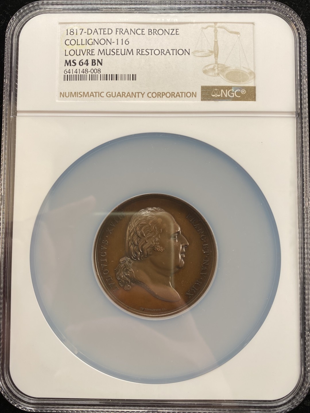 万国钱币拍卖第007期（慕尼黑第二夜） NGC MS64BN 1817年法国波旁王朝路易十八世纪念卢浮宫修复纪念大铜章，背面为路易十一世雕像落成 50MM 74G