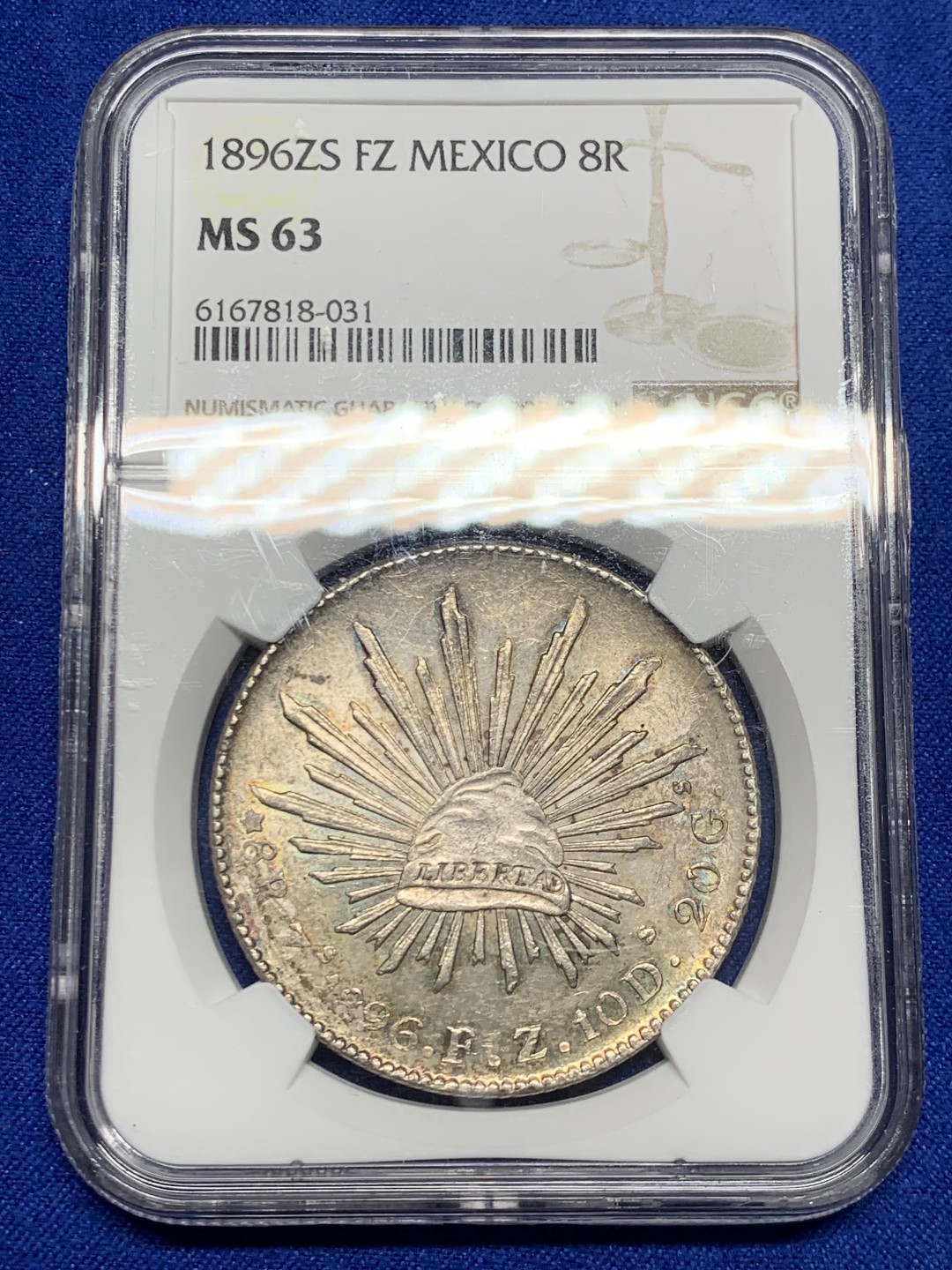 欢迎参加《竞宝斋》五一特拍-第161场-周日，周一 2场 NGC MS63 1896ZS FZ 墨西哥 鹰洋8里亚尔花边银币，五彩包浆