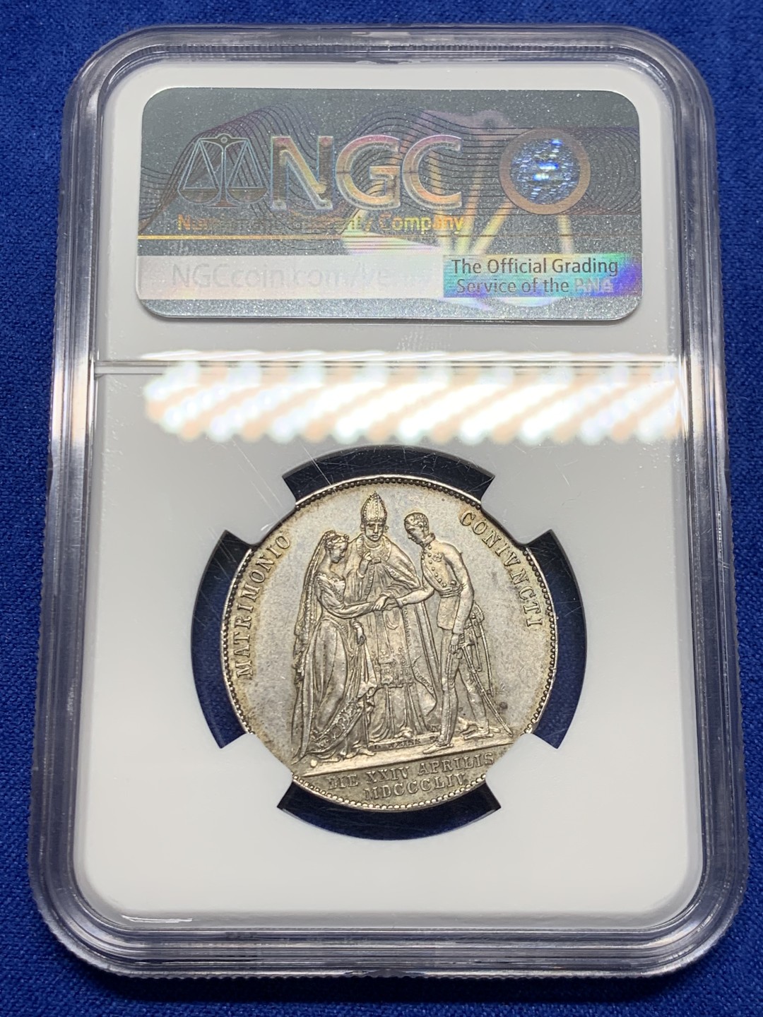 欢迎参加《竞宝斋》五一特拍-第161场-周日，周一 2场 NGC-MS62 奥匈帝国 奥地利 1854年 茜茜公主大婚 1盾银币