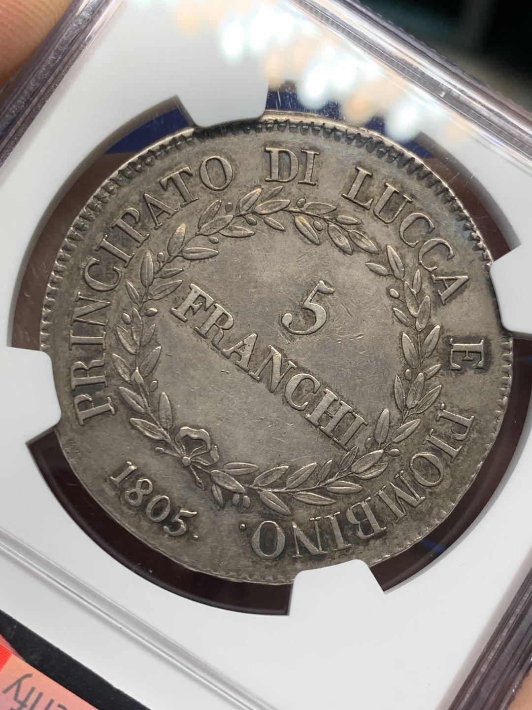 欢迎参加《竞宝斋》五一特拍-第161场-周日，周一 2场 NGC-AU50 意大利卢卡1805年 5法郎大银币 传世老包浆 少见品种 非常漂亮