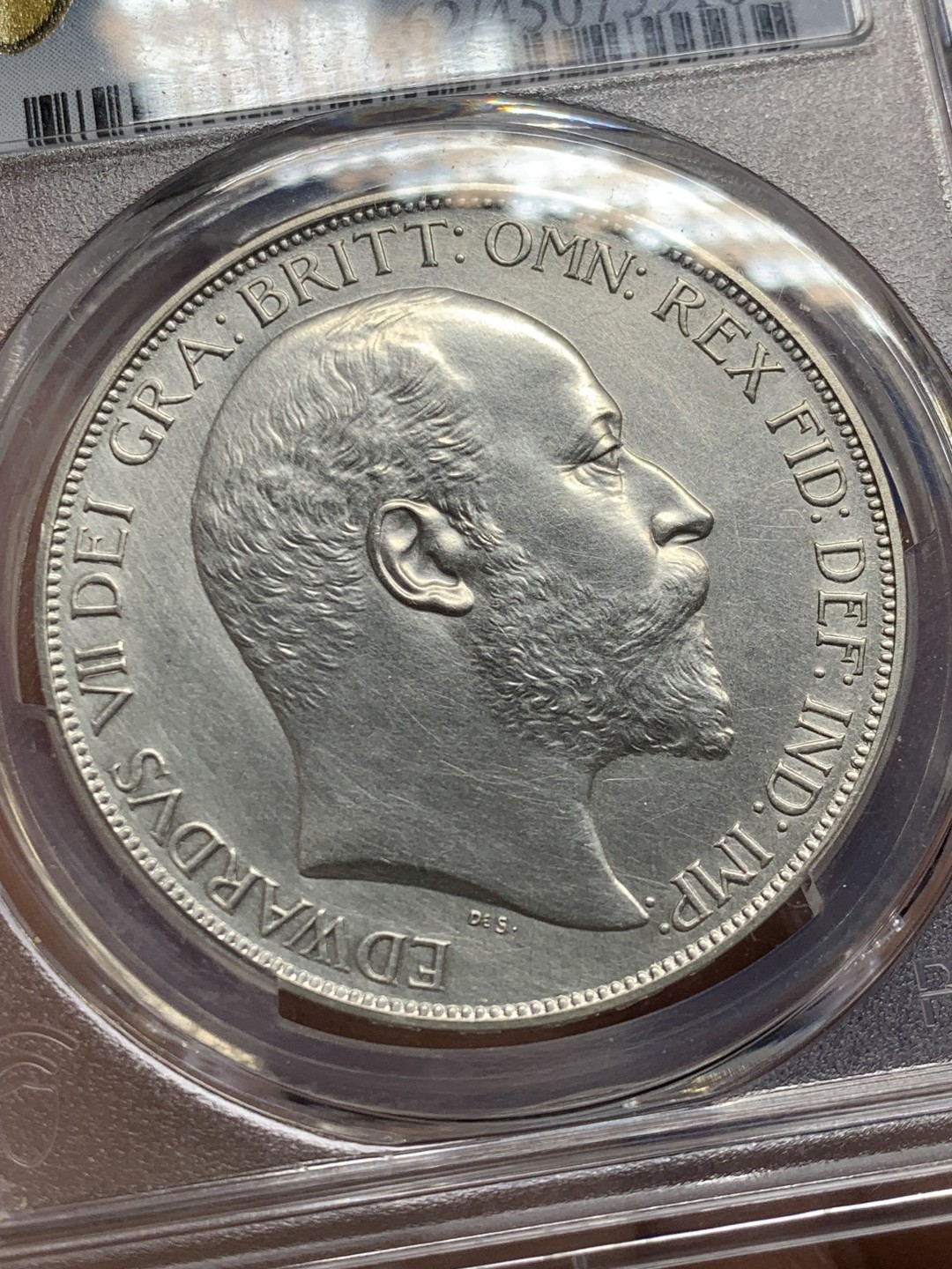 欢迎参加《竞宝斋》五一特拍-第161场-周日，周一 2场 PCGS-PR62 matte 英国 1902 爱德华七世 1克朗 马剑大银币，底板很好，很难得