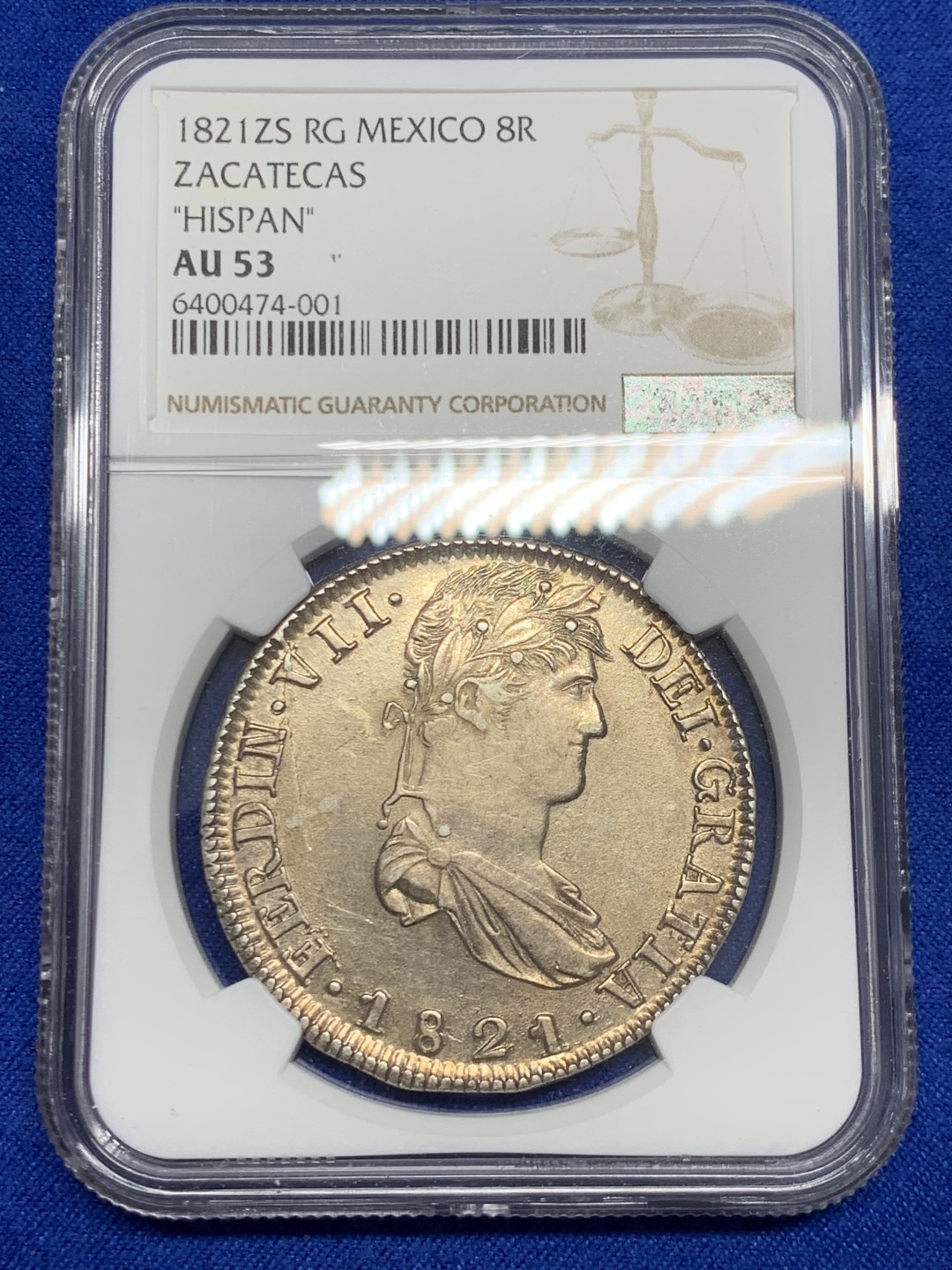 欢迎参加《竞宝斋》五一特拍-第161场-周日，周一 2场 NGC-AU53 墨西哥1821年ZS RG版费七内战双柱 黄油光极美深打状态 53低评
