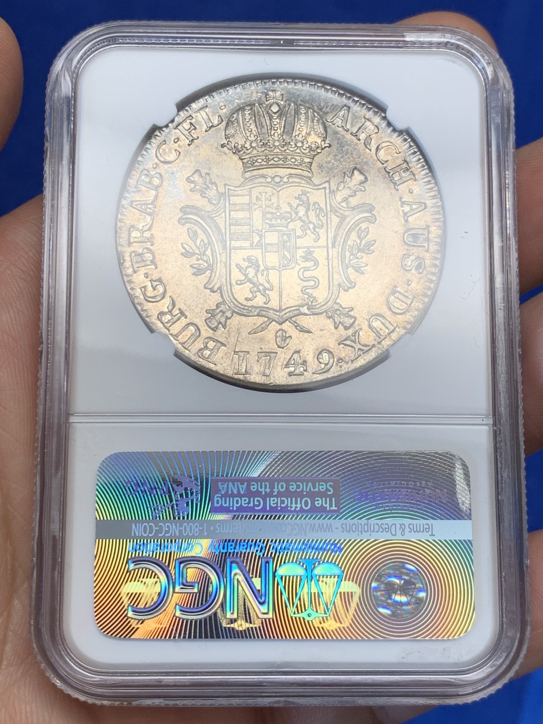 欢迎参加《竞宝斋》五一特拍-第161场-周日，周一 2场 NGC-AU55 1749年奥属尼德兰1杜卡特银币 首年版，33.25克，远超同时期各国主币。非常少见的大奶妈头像版本钱币，唯一季军分