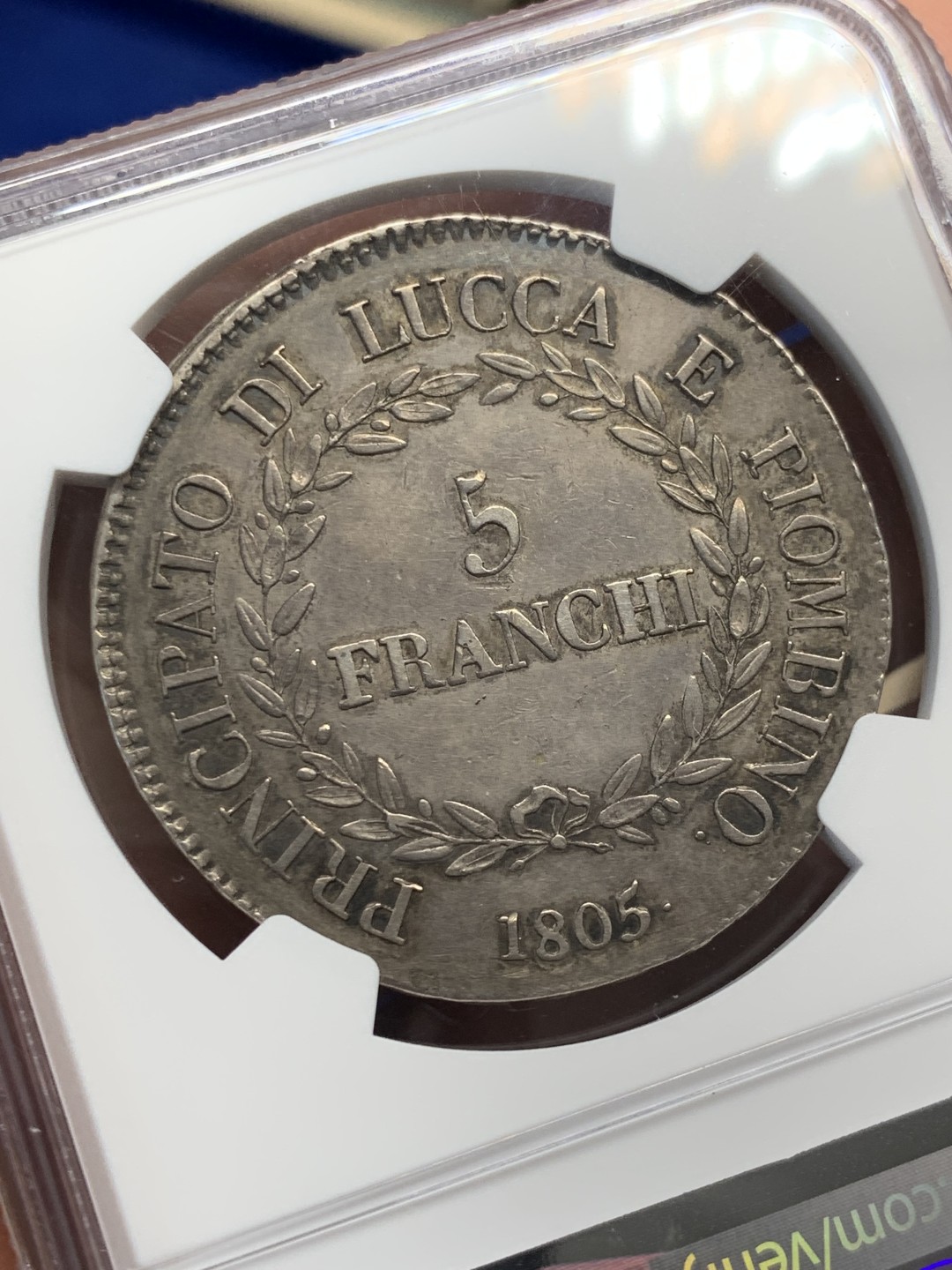欢迎参加《竞宝斋》五一特拍-第161场-周日，周一 2场 NGC-AU50 意大利卢卡1805年 5法郎大银币 传世老包浆 少见品种 非常漂亮