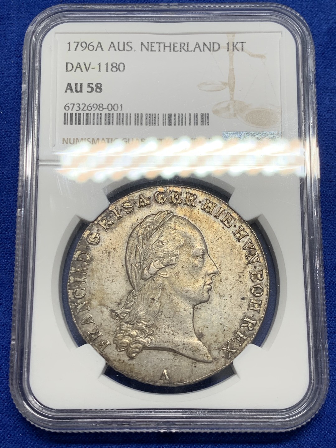 欢迎参加《竞宝斋》五一特拍-第161场-周日，周一 2场 NGC-AU58 奥属尼德兰1796-A弗朗茨二世三皇冠 1克朗泰勒 季军分 双面老五彩 包浆醇厚 对比稀奇一枚同版MS62毫不逊色 上海N严评