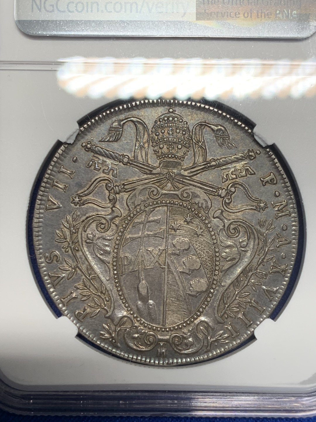 欢迎参加《竞宝斋》五一特拍-第161场-周日，周一 2场 NGC-XF40 意大利 1818年 教皇国 伏地魔 1斯库多 传世老包浆 非常漂亮