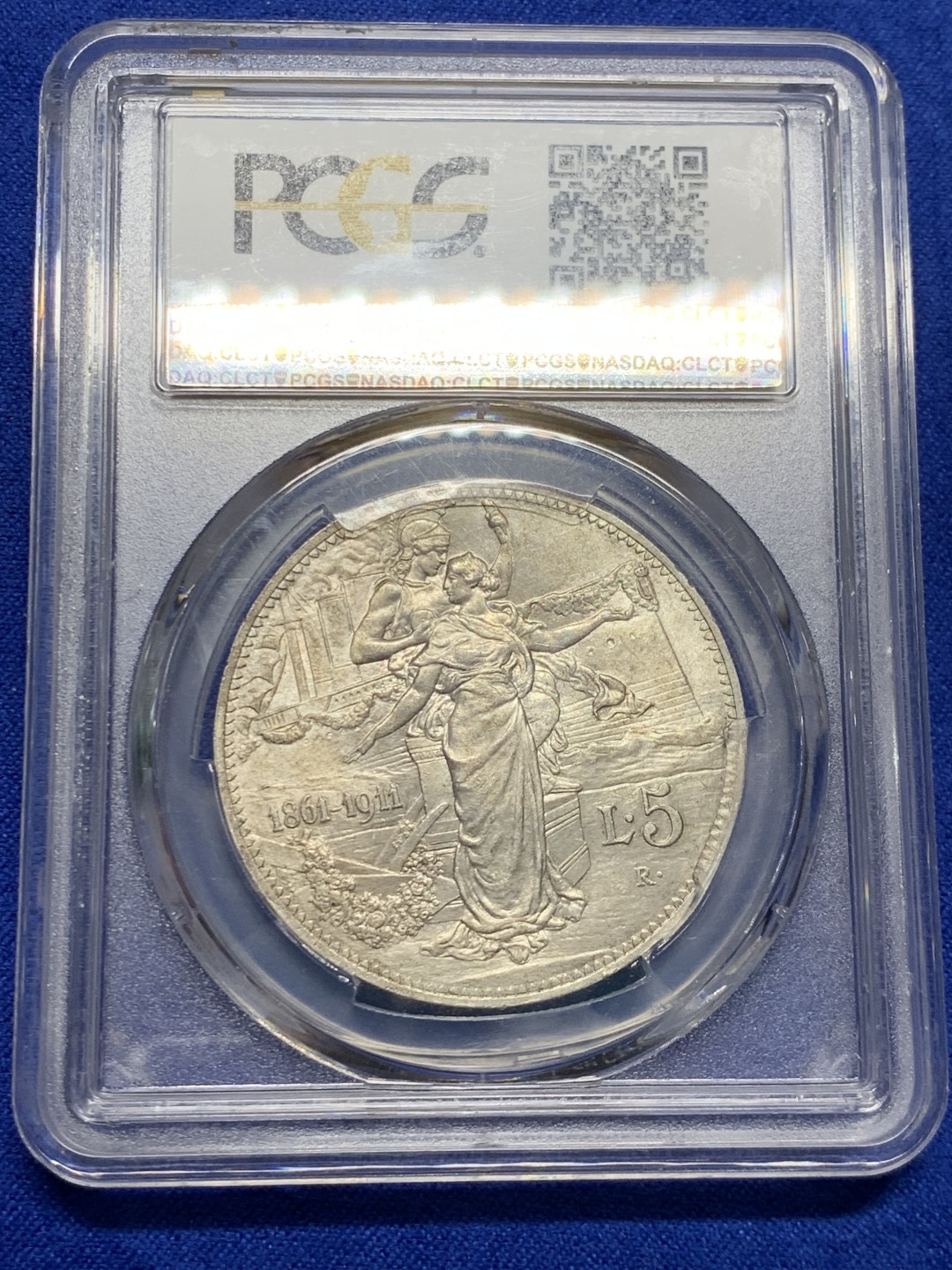 欢迎参加《竞宝斋》五一特拍-第161场-周日，周一 2场 PCGS MS63 1911R 意大利 建国50周年托奶5里拉大银币，名誉品，非常漂亮 盒子角小磕