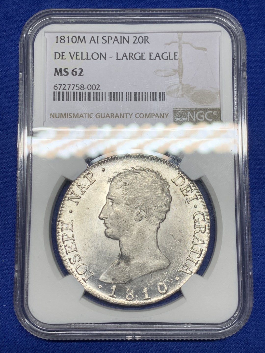 欢迎参加《竞宝斋》五一特拍-第161场-周日，周一 2场 NGC MS62 1810年 法占西班牙 约瑟夫拿破仑20R银币，细节极佳 发丝清晰 光感十足 可以毕业了