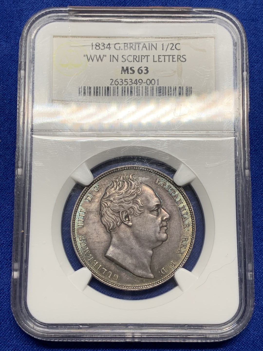 欢迎参加《竞宝斋》五一特拍-第161场-周日，周一 2场 NGC MS63 英国 1834 威廉四世 半克朗银币 极品淡蓝包浆 超级状态