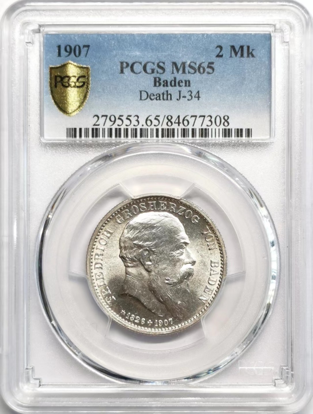 凡希社世界钱币微拍第二百三十七期 1907巴登国王逝世纪念2马克PCGS-MS65原银光！