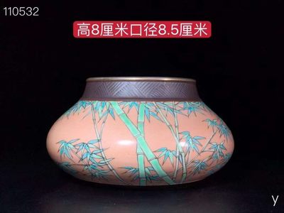 乾隆粉釉绿竹诗文描金笔洗，纯手工胎，器形优美，造型周正挺拔，品相完整。 - 乾隆粉釉绿竹诗文描金笔洗，纯手工胎，器形优美，造型周正挺拔，品相完整。