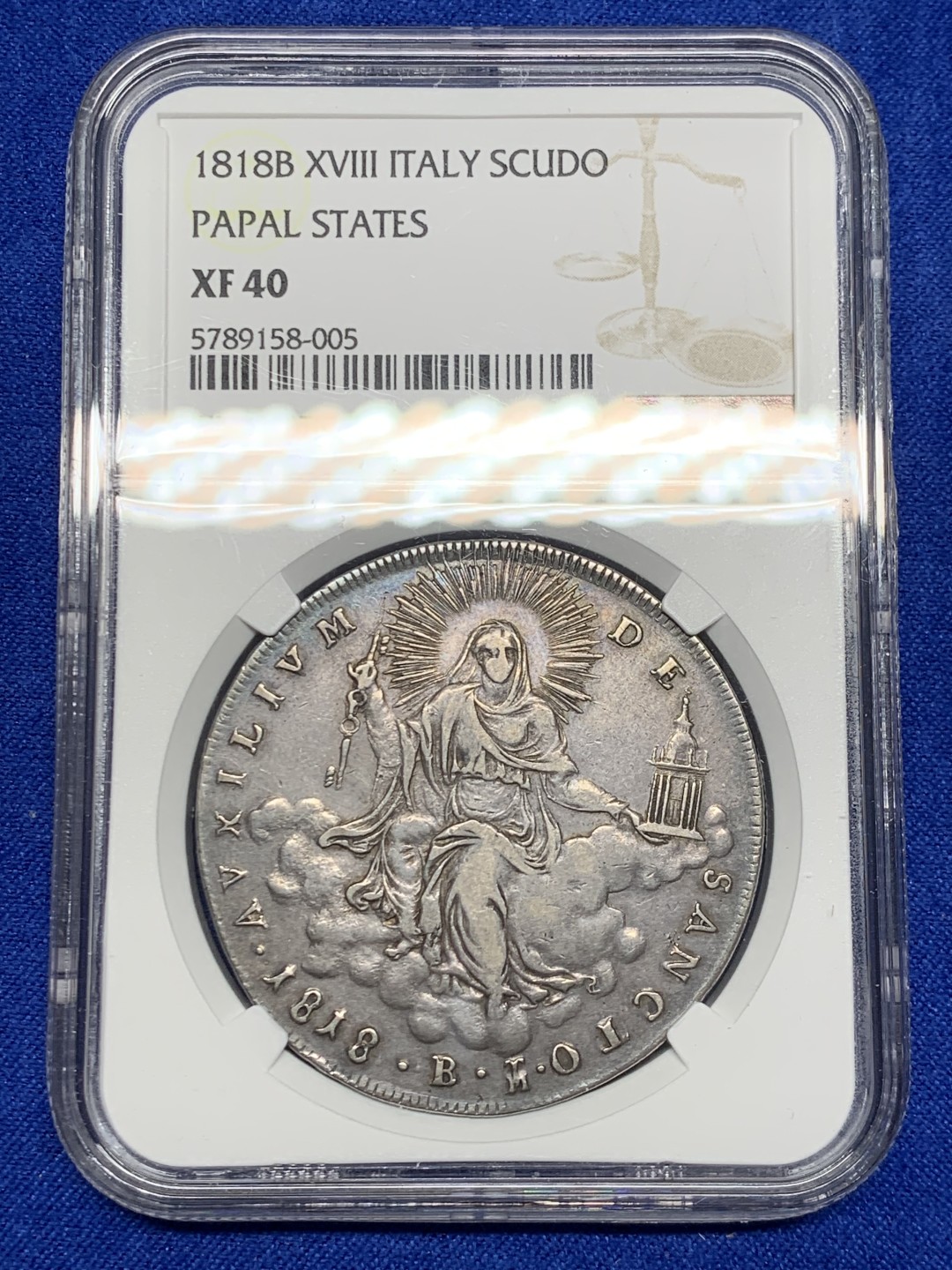 欢迎参加《竞宝斋》五一特拍-第161场-周日，周一 2场 NGC-XF40 意大利 1818年 教皇国 伏地魔 1斯库多 传世老包浆 非常漂亮