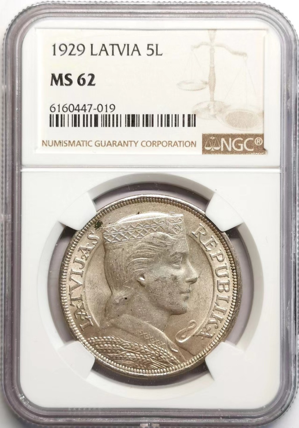 凡希社世界钱币微拍第二百三十七期 1929拉脱维亚5L大银NGC-MS62