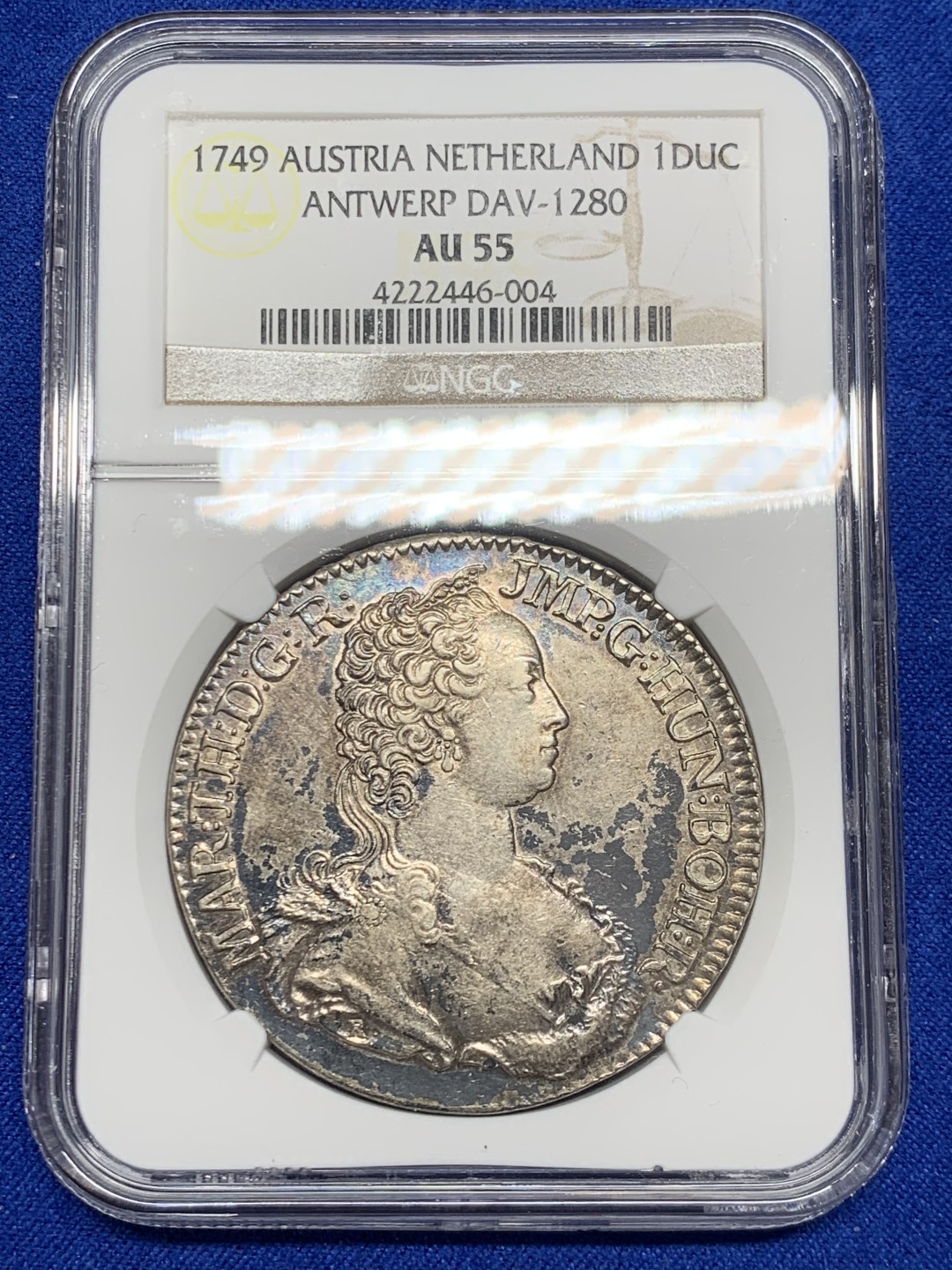 欢迎参加《竞宝斋》五一特拍-第161场-周日，周一 2场 NGC-AU55 1749年奥属尼德兰1杜卡特银币 首年版，33.25克，远超同时期各国主币。非常少见的大奶妈头像版本钱币，唯一季军分