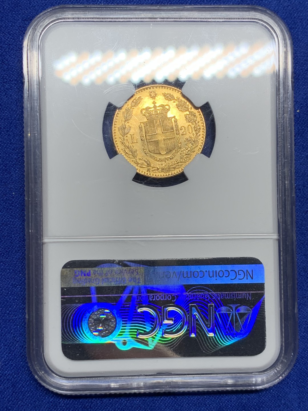 欢迎参加《竞宝斋》五一特拍-第161场-周日，周一 2场 NGC-MS63+ 意大利 1882年 20里拉 翁贝托 金币 6.45克 上涨品种