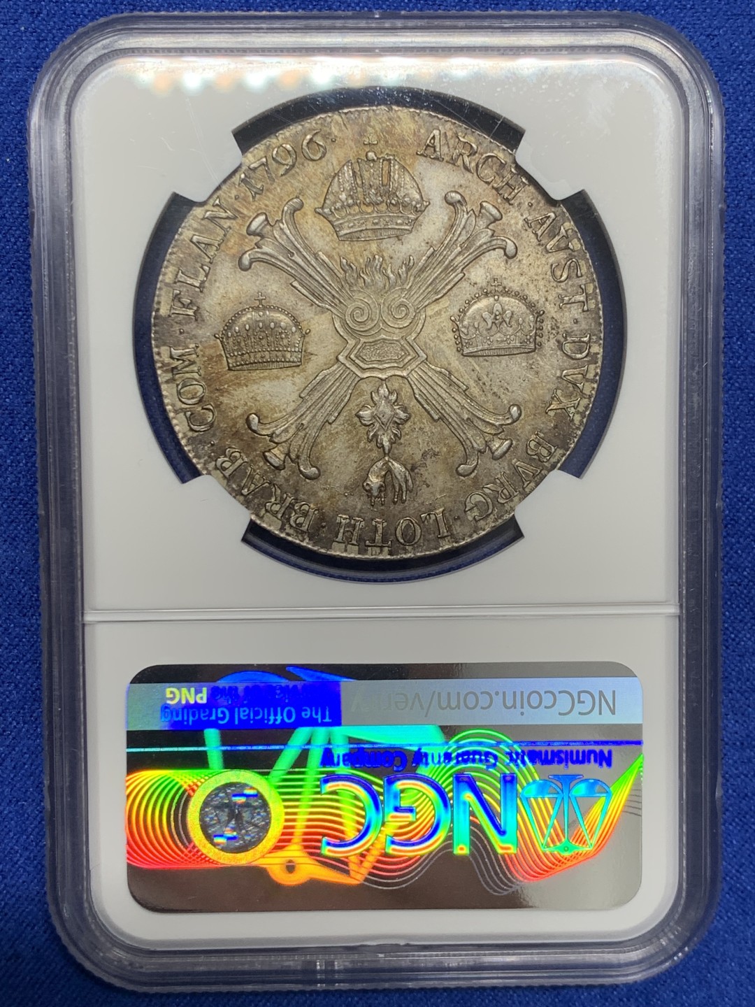 欢迎参加《竞宝斋》五一特拍-第161场-周日，周一 2场 NGC-AU58 奥属尼德兰1796-A弗朗茨二世三皇冠 1克朗泰勒 季军分 双面老五彩 包浆醇厚 对比稀奇一枚同版MS62毫不逊色 上海N严评