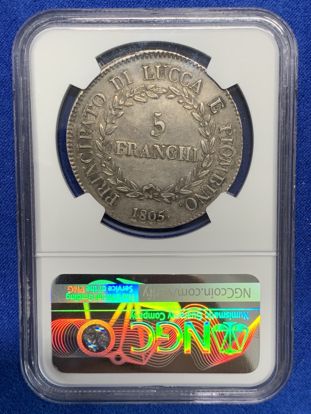 欢迎参加《竞宝斋》五一特拍-第161场-周日，周一 2场 NGC-AU50 意大利卢卡1805年 5法郎大银币 传世老包浆 少见品种 非常漂亮