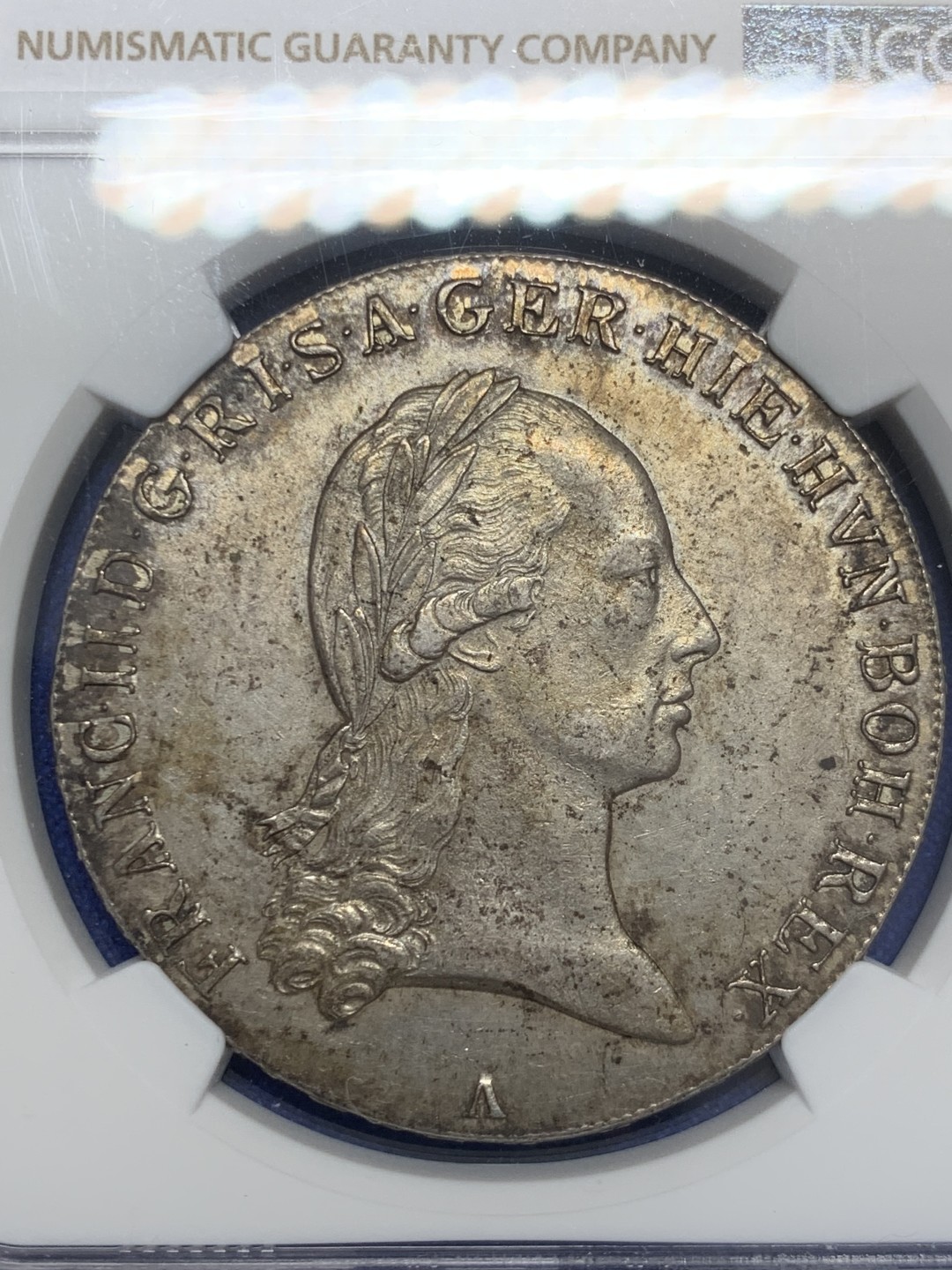 欢迎参加《竞宝斋》五一特拍-第161场-周日，周一 2场 NGC-AU58 奥属尼德兰1796-A弗朗茨二世三皇冠 1克朗泰勒 季军分 双面老五彩 包浆醇厚 对比稀奇一枚同版MS62毫不逊色 上海N严评