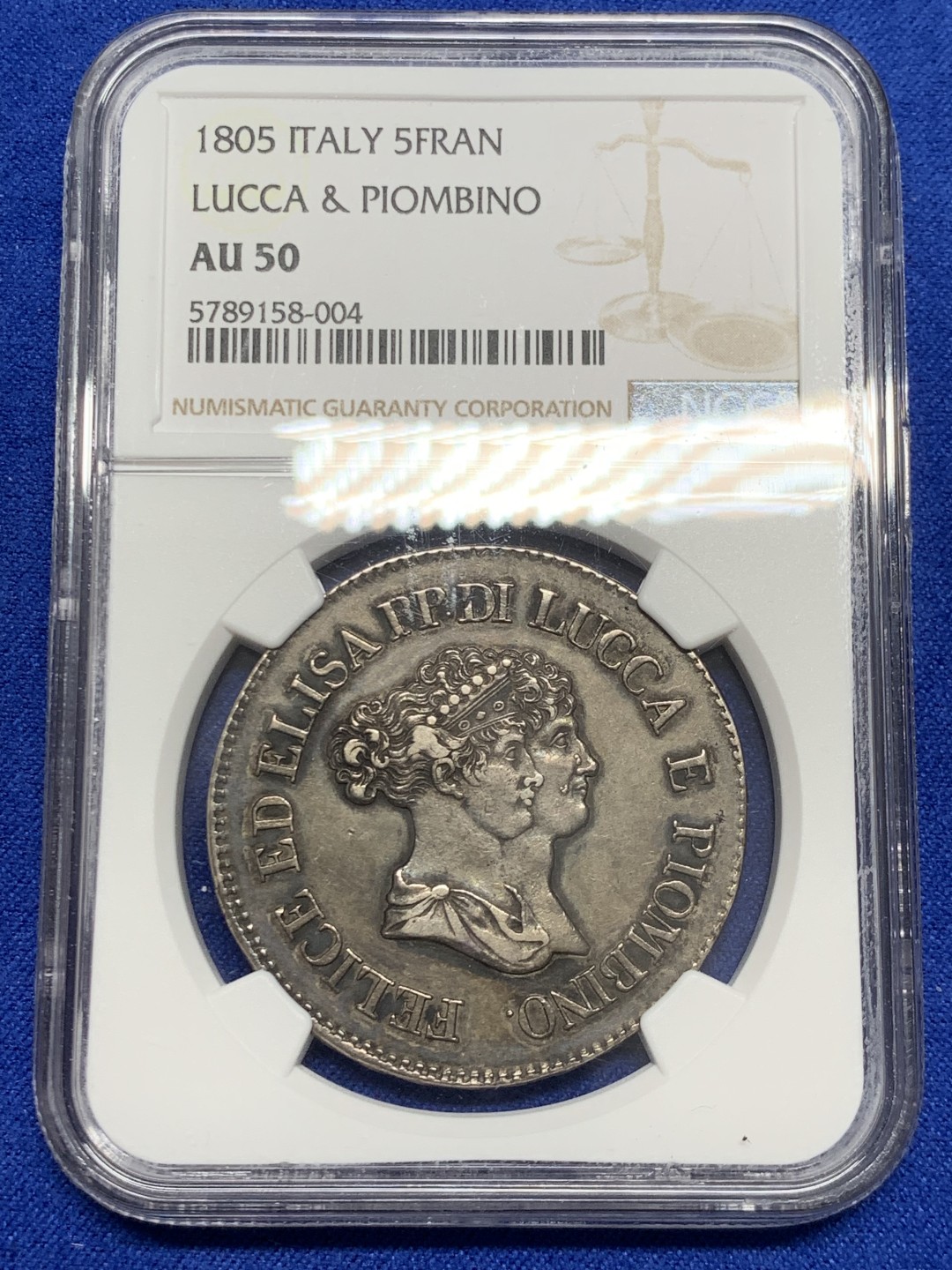 欢迎参加《竞宝斋》五一特拍-第161场-周日，周一 2场 NGC-AU50 意大利卢卡1805年 5法郎大银币 传世老包浆 少见品种 非常漂亮