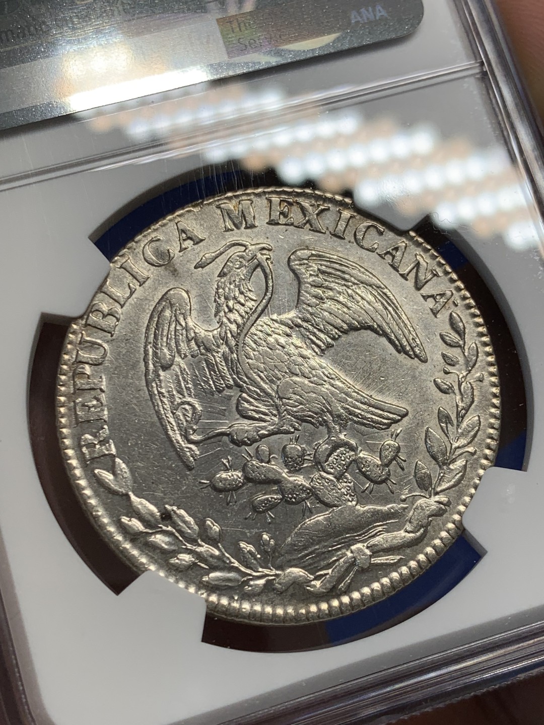 欢迎参加《竞宝斋》五一特拍-第161场-周日，周一 2场 NGC-AU58 墨西哥1841/31年早期骑字版鹰洋 少见骑字版 鹰面透打