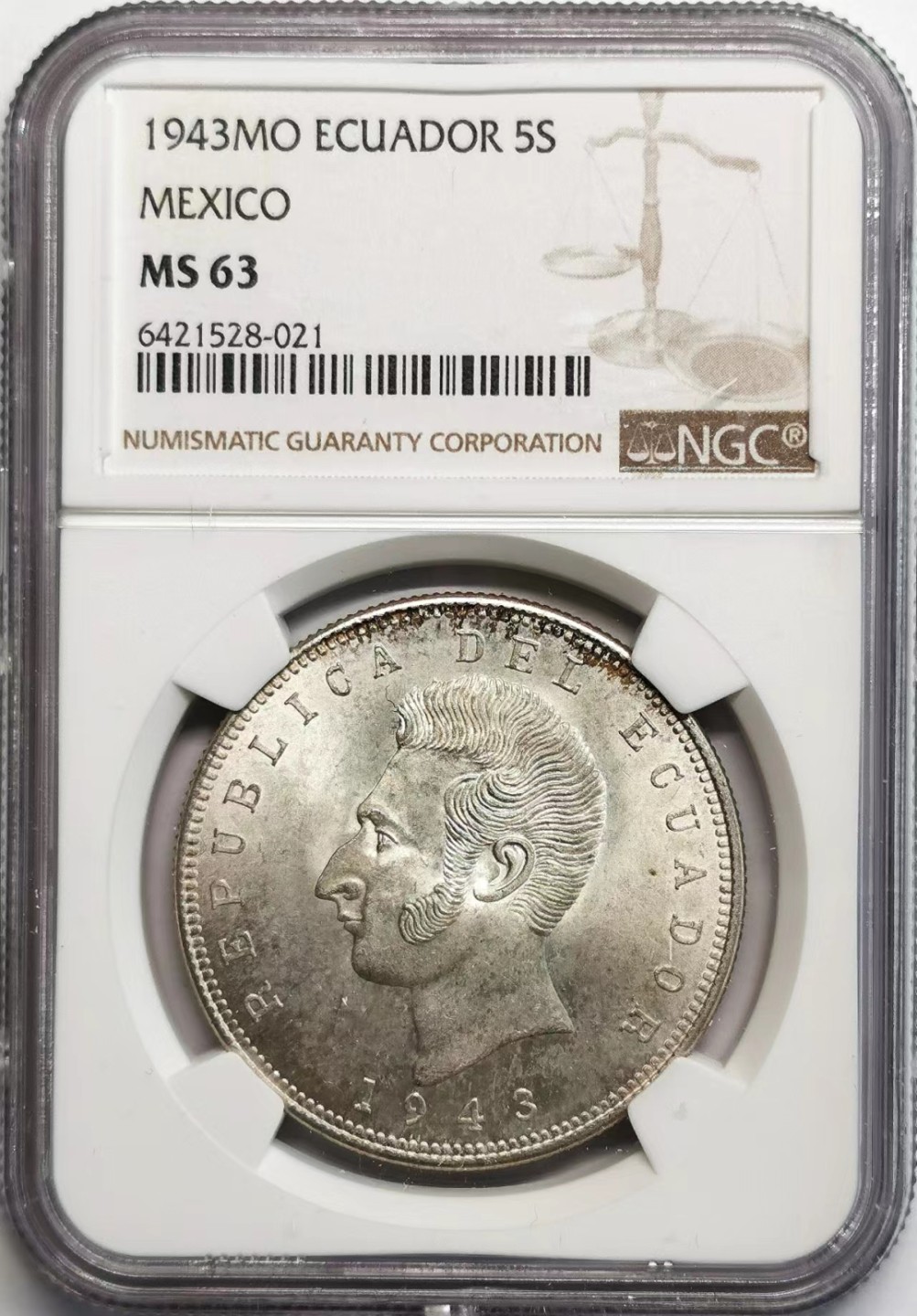 凡希社世界钱币微拍第二百三十七期 1943厄瓜多尔5苏克雷大银NGC-MS63