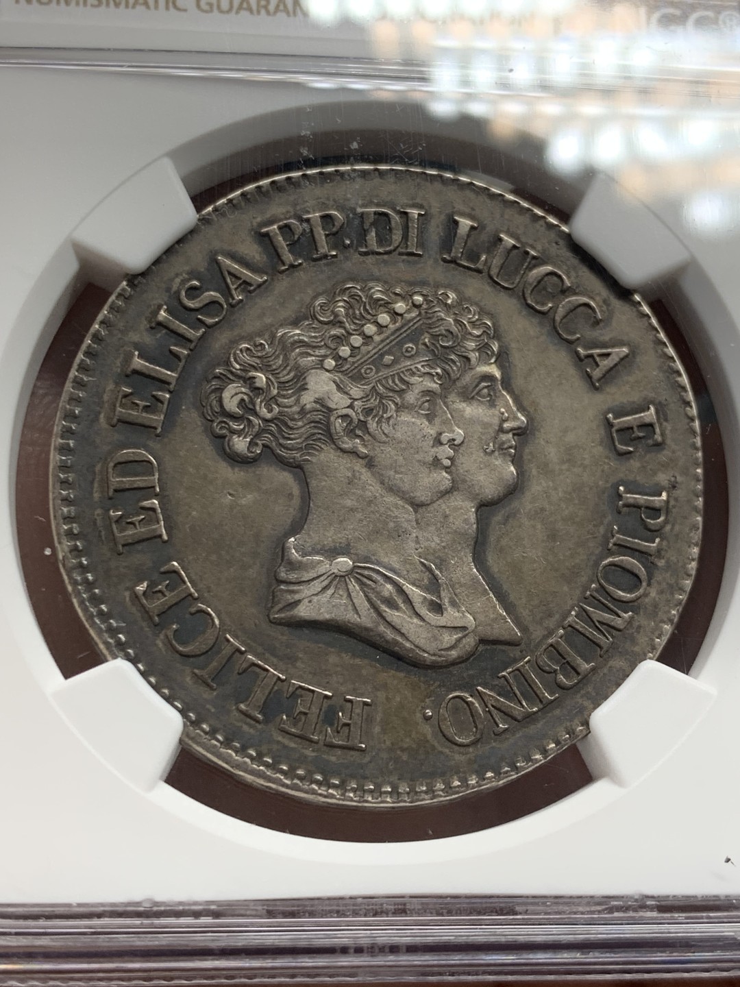 欢迎参加《竞宝斋》五一特拍-第161场-周日，周一 2场 NGC-AU50 意大利卢卡1805年 5法郎大银币 传世老包浆 少见品种 非常漂亮