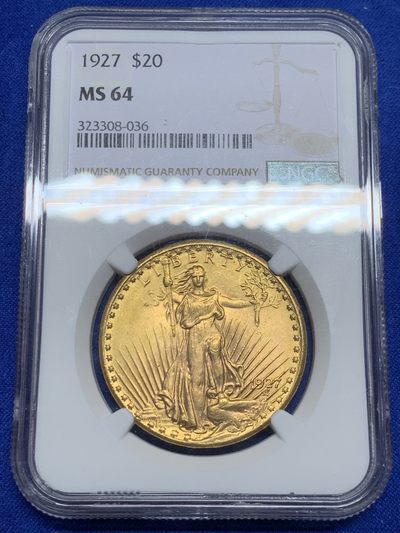 欢迎参加《竞宝斋》五一特拍-第161场-周日，周一 2场 - NGC-MS64 美国 1927年 20美元 双鹰 金币 高分+经典设计 3打头老评（换的新盒）收藏一步到位