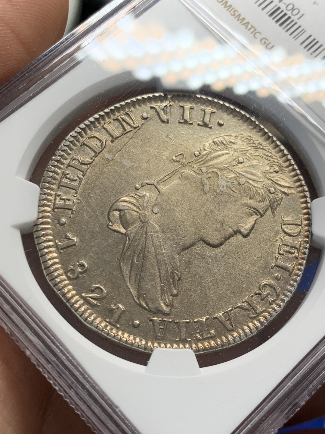 欢迎参加《竞宝斋》五一特拍-第161场-周日，周一 2场 NGC-AU53 墨西哥1821年ZS RG版费七内战双柱 黄油光极美深打状态 53低评