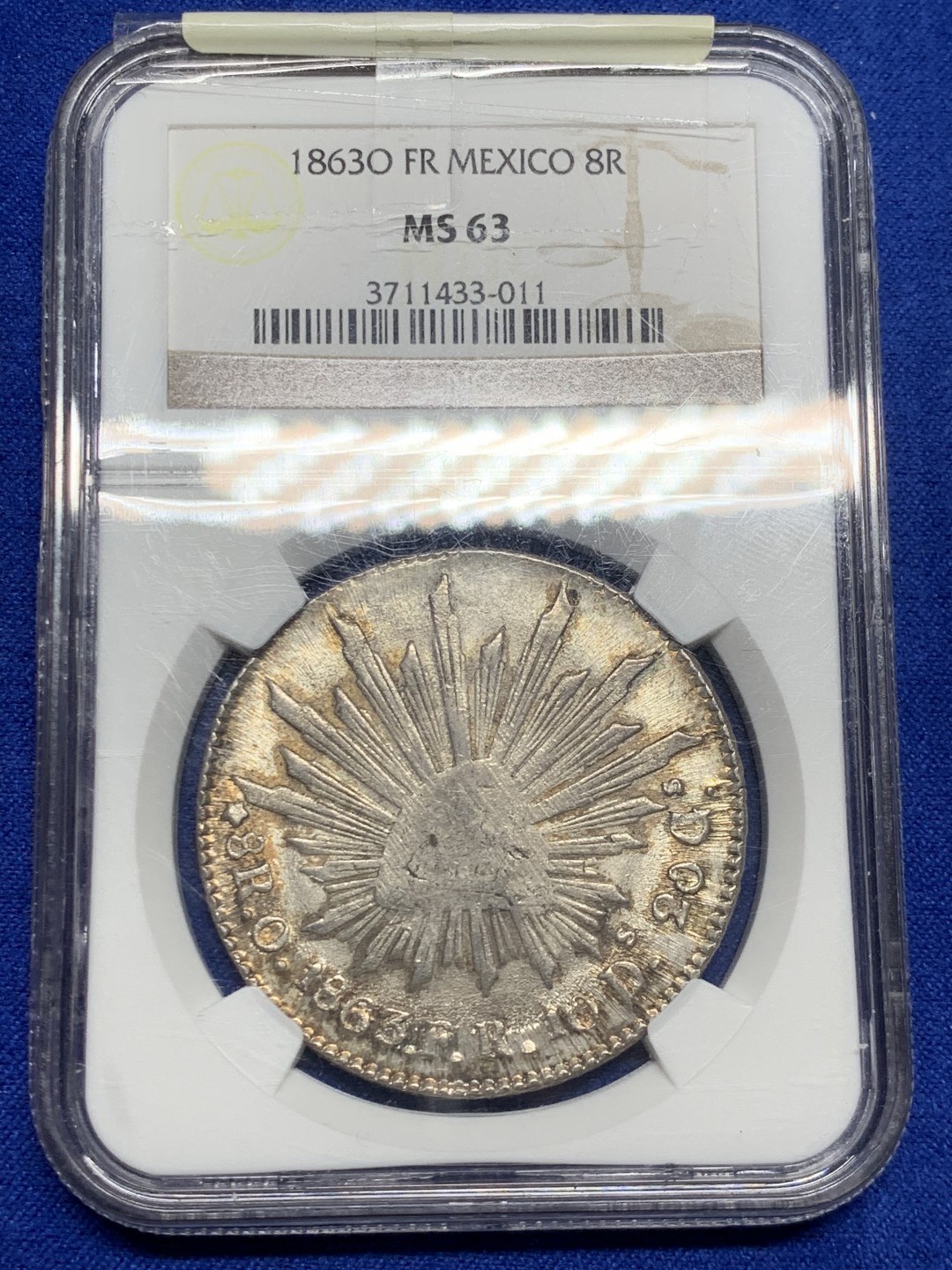 欢迎参加《竞宝斋》五一特拍-第161场-周日，周一 2场 NGC MS63 1863 O FR 墨西哥  早期鹰洋8里亚尔银币，特别粗壮，大名誉品