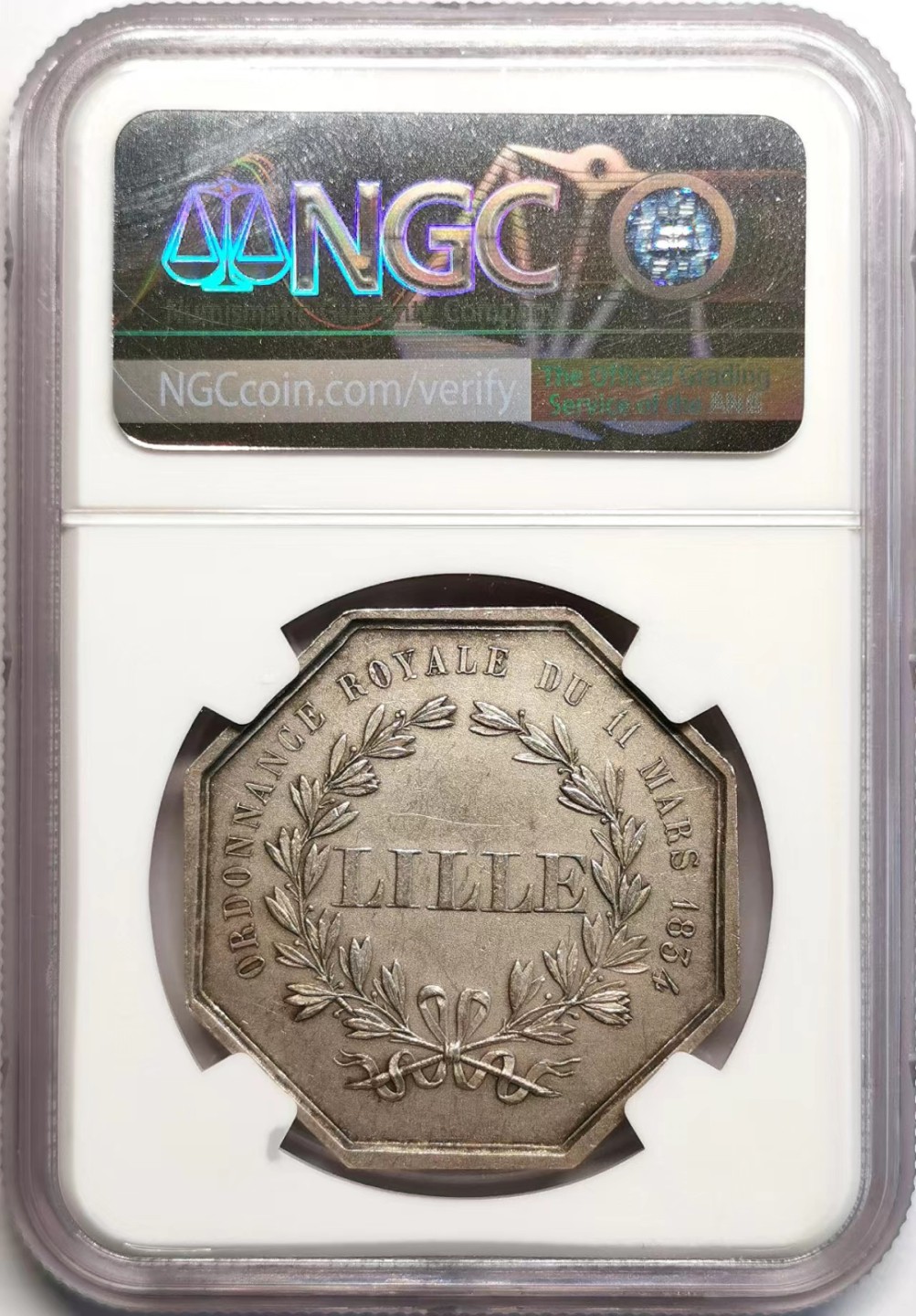 凡希社世界钱币微拍第二百三十七期 十九世纪法国里尔储蓄银行八角银章NGC-MS61
