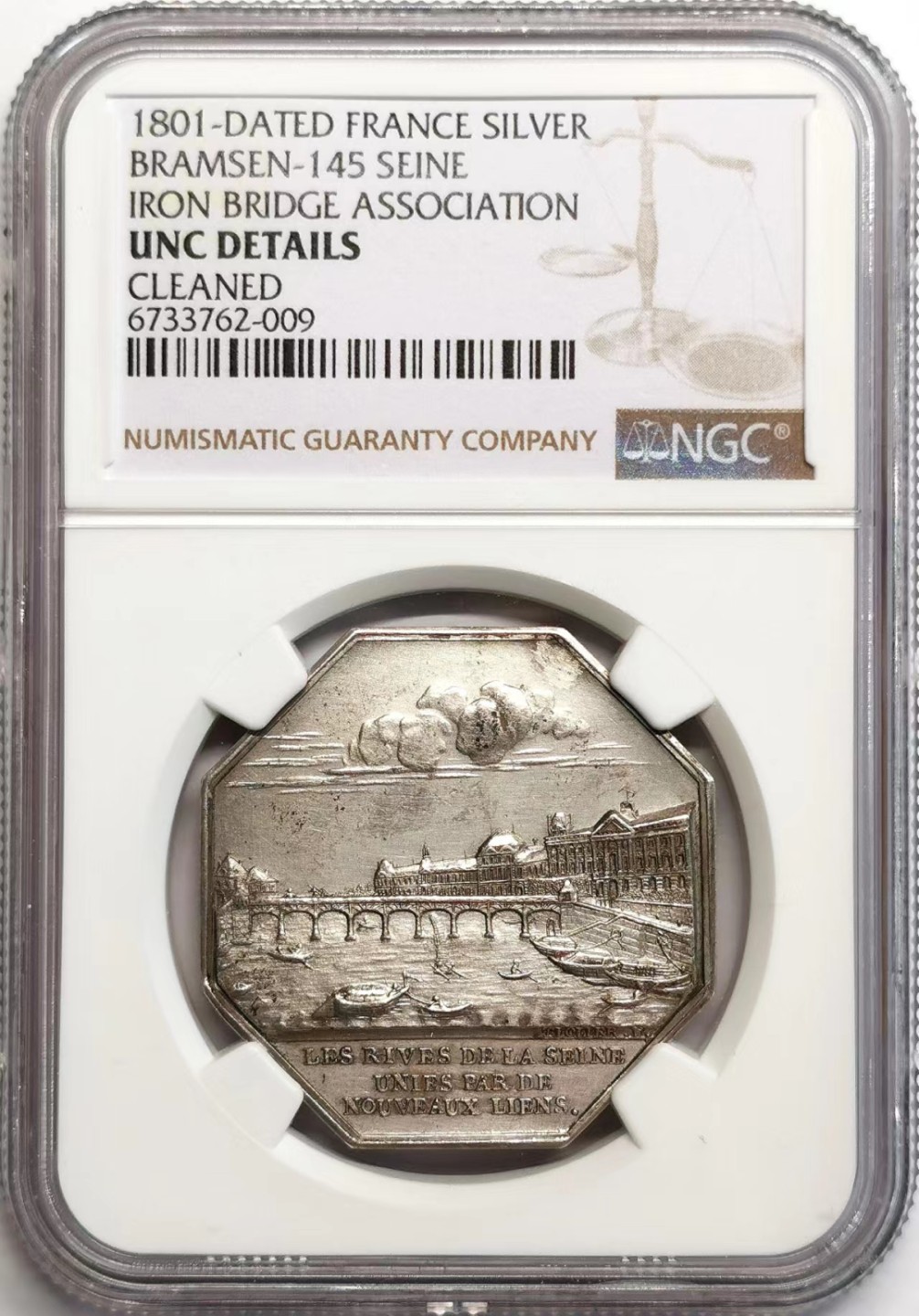 凡希社世界钱币微拍第二百三十七期 十九世纪法国塞纳河桥梁协会八角银章NGC-UNCD
