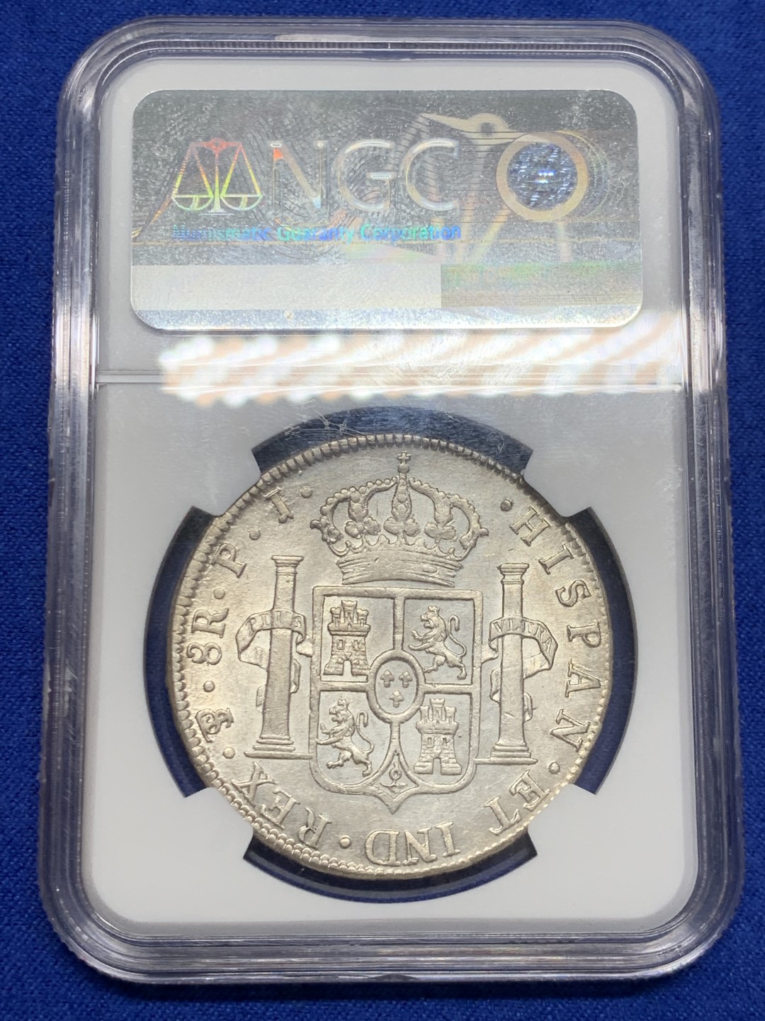 欢迎参加《竞宝斋》五一特拍-第161场-周日，周一 2场 NGC-AU58 西属玻利维亚 1804年卡四8R银币,高点俱全，底板几近无痕，铸纹还在，严重低评的一颗卡四