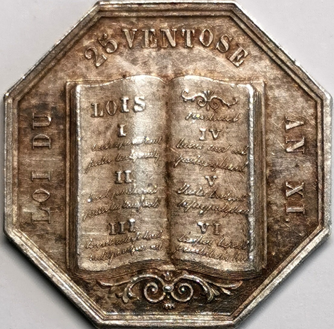 凡希社世界钱币微拍第二百三十七期 法国洛什公证处八角银章AU些许划痕