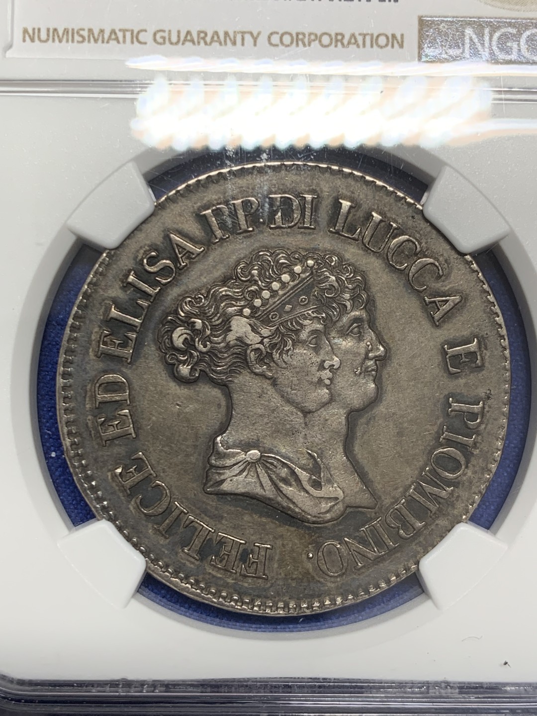 欢迎参加《竞宝斋》五一特拍-第161场-周日，周一 2场 NGC-AU50 意大利卢卡1805年 5法郎大银币 传世老包浆 少见品种 非常漂亮